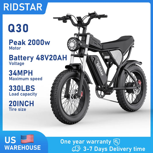 Ridstar Q30 2000W Electric Bike for Adults 48V 20Ah Detachable Battery 33MPH & 88 Miles