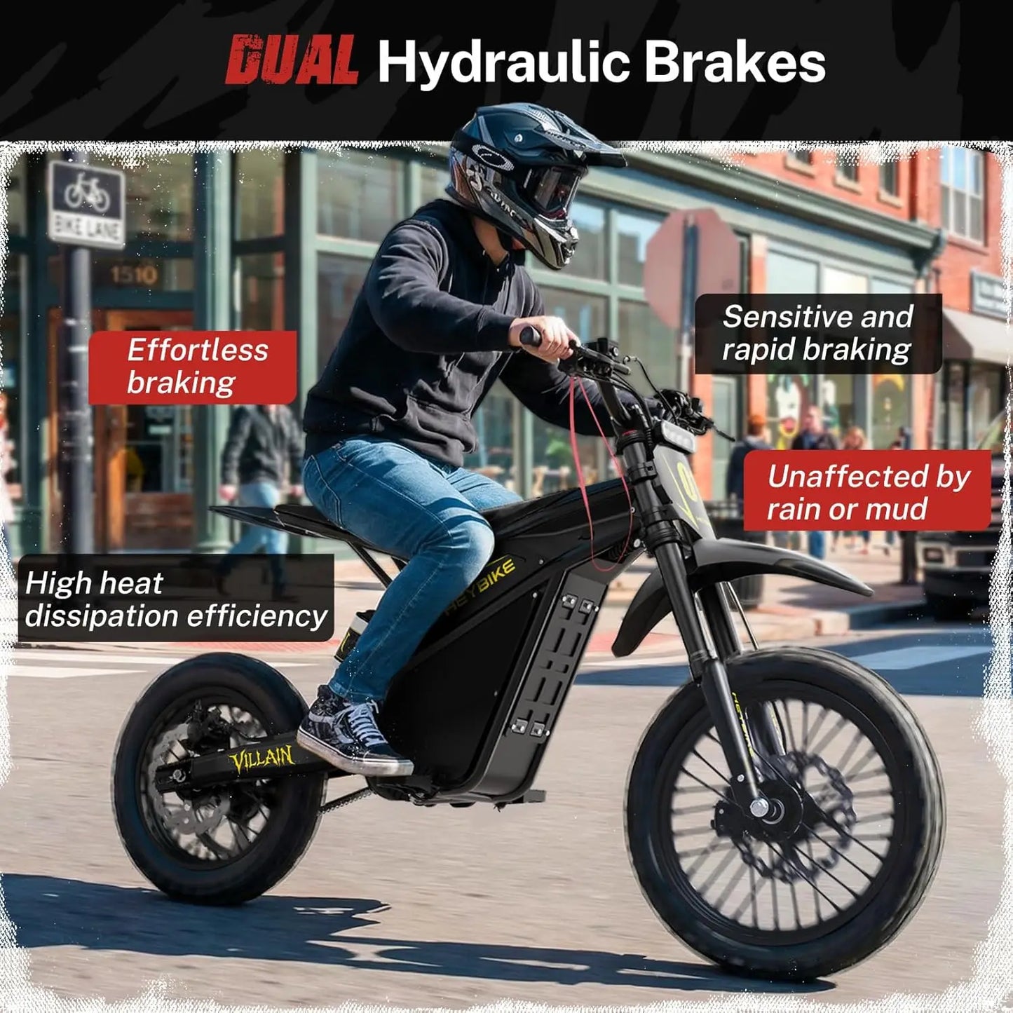 Authentic Heybike Villain Electric Dirt Bike, 4160W E Dirt Bike with 52V 26AH Battery