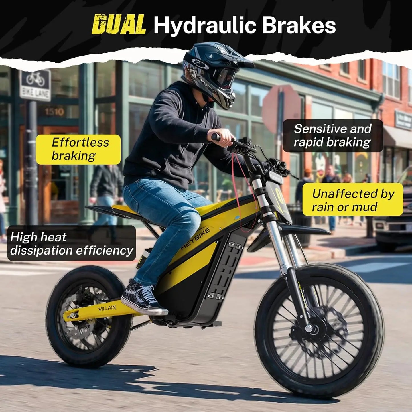 Authentic Heybike Villain Electric Dirt Bike, 4160W E Dirt Bike with 52V 26AH Battery