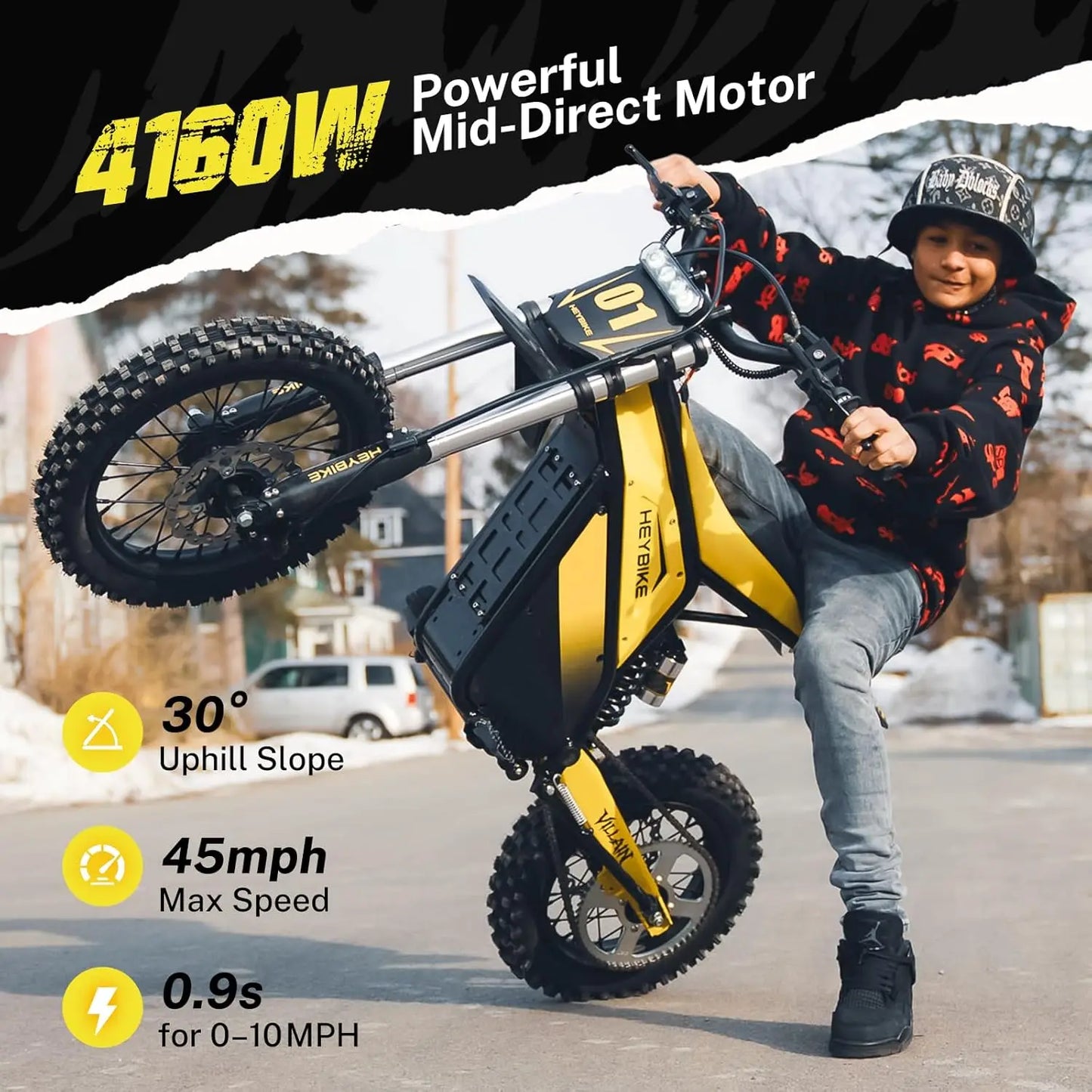 Authentic Heybike Villain Electric Dirt Bike, 4160W E Dirt Bike with 52V 26AH Battery