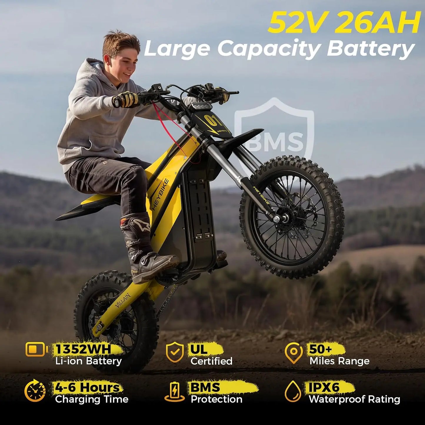 Authentic Heybike Villain Electric Dirt Bike, 4160W E Dirt Bike with 52V 26AH Battery