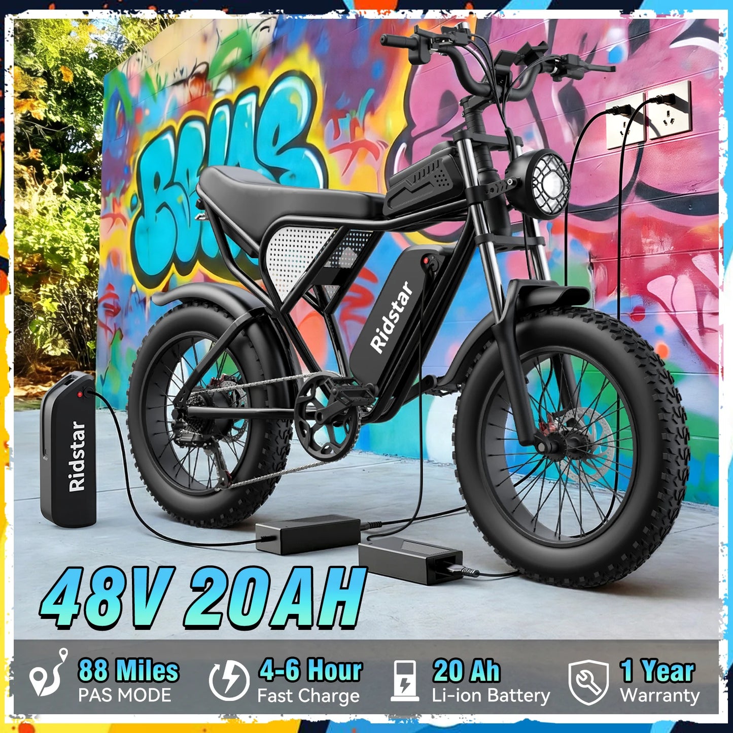 Ridstar Q30 2000W Electric Bike for Adults 48V 20Ah Detachable Battery 33MPH & 88 Miles