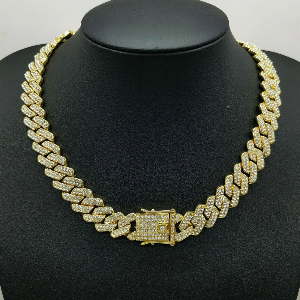 Fashion Men Cuban Link Iced Out Necklace 14MM width Rhinestones Chain