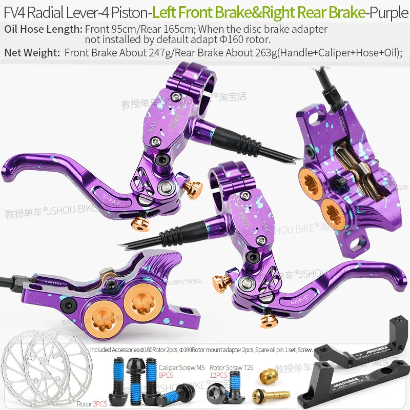 Frog Wake FV4 Mountain Bike Hydraulic Disc Brake Kit with 180mm Rotors Aluminum 4 Piston Oil Pressure Calipers Levers Radial MTB