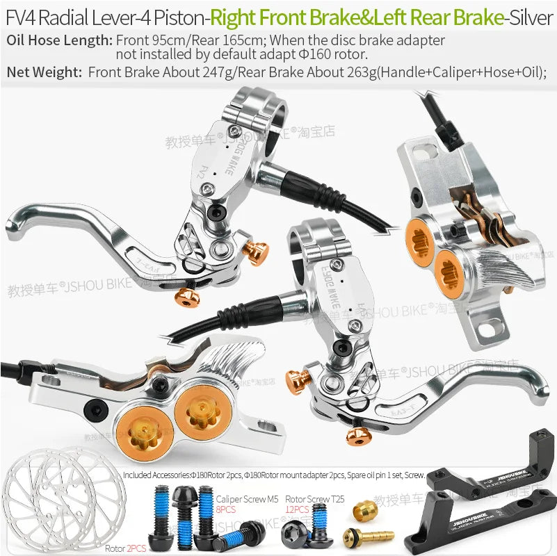 Frog Wake FV4 Mountain Bike Hydraulic Disc Brake Kit with 180mm Rotors Aluminum 4 Piston Oil Pressure Calipers Levers Radial MTB