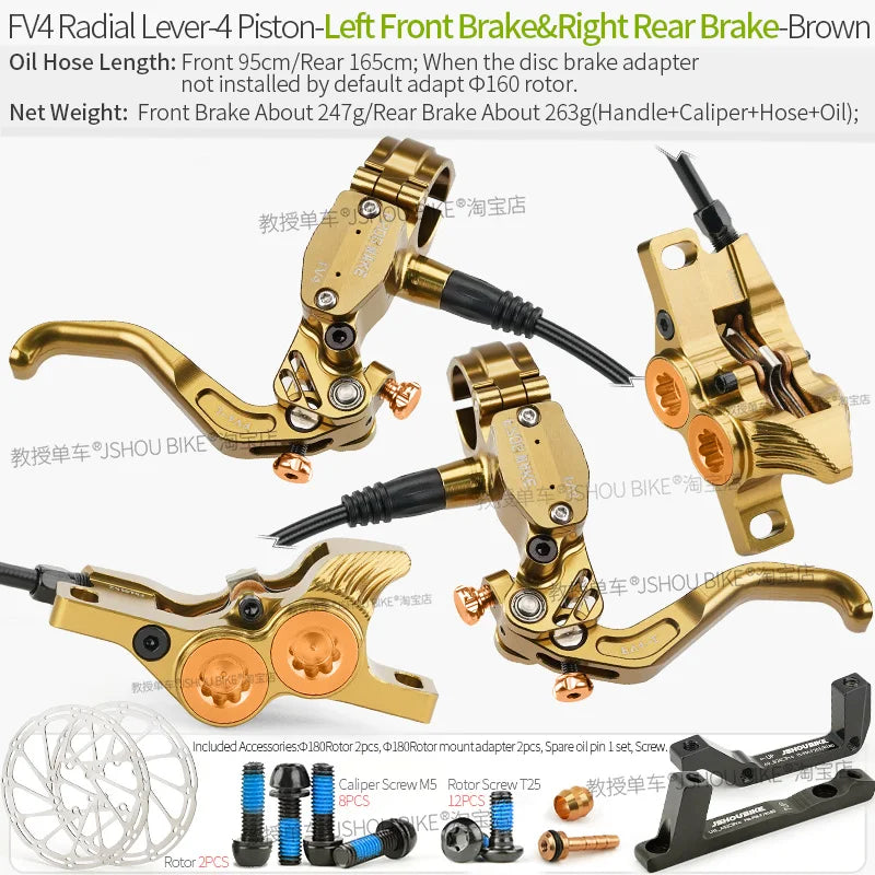 Frog Wake FV4 Mountain Bike Hydraulic Disc Brake Kit with 180mm Rotors Aluminum 4 Piston Oil Pressure Calipers Levers Radial MTB