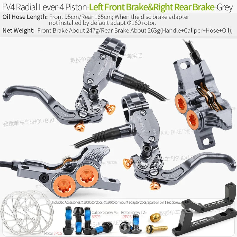 Frog Wake FV4 Mountain Bike Hydraulic Disc Brake Kit with 180mm Rotors Aluminum 4 Piston Oil Pressure Calipers Levers Radial MTB