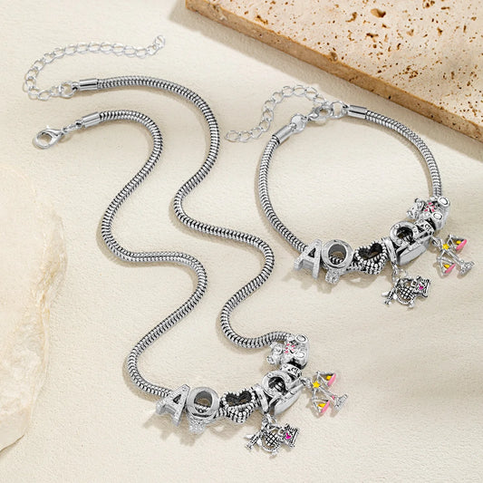 Fashionable Multi Element Cute Bear Libra Pendant Zircon Love Letter Necklace Bracelet Versatile Women's Jewelry Set