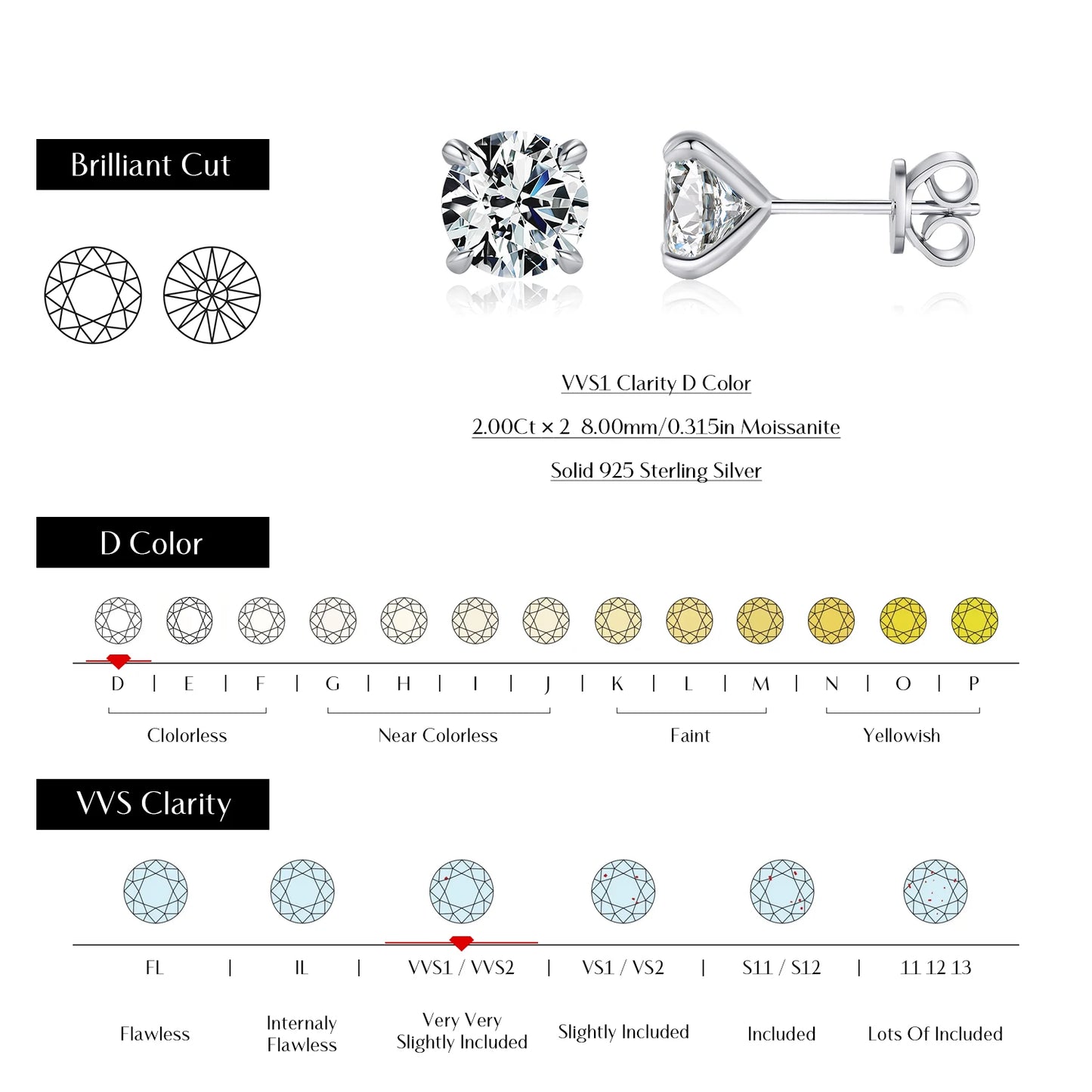 MODIAN 5 Sizes D Color Moissanite Earrings 925 Sterling Silver