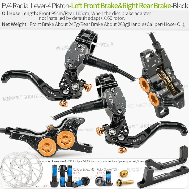 Frog Wake FV4 Mountain Bike Hydraulic Disc Brake Kit with 180mm Rotors Aluminum 4 Piston Oil Pressure Calipers Levers Radial MTB