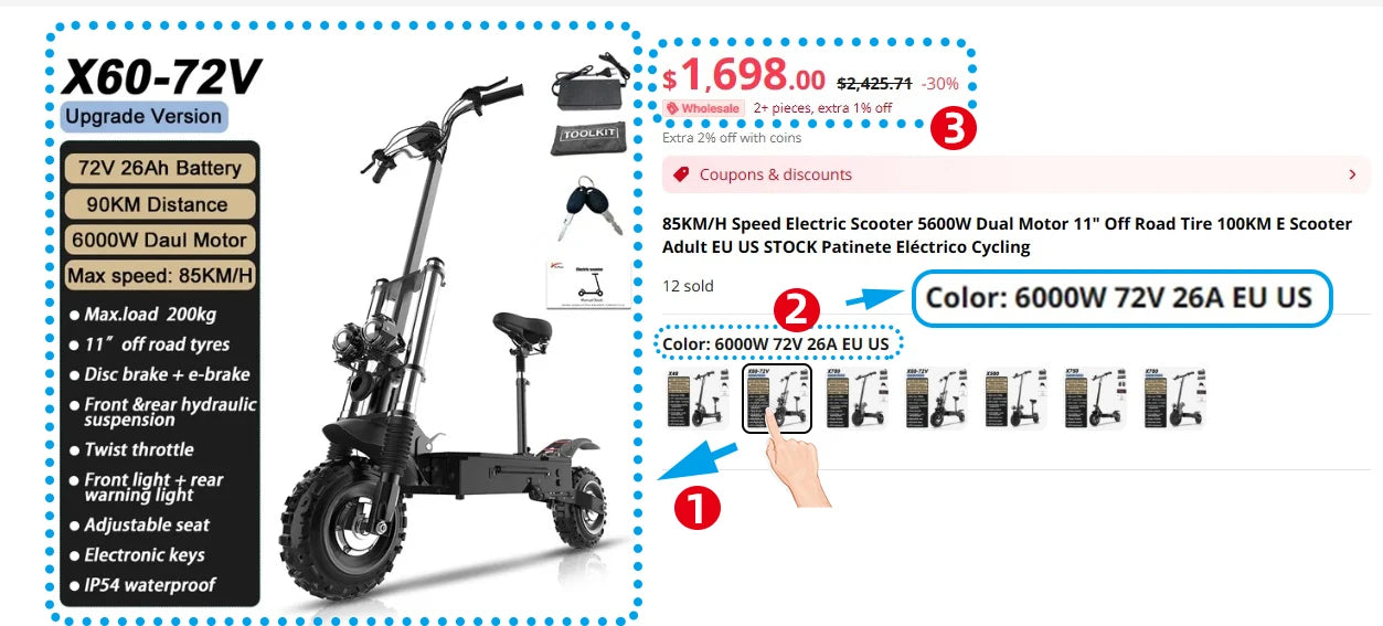 6000W Electric Scooter for Adults 85KM/H Max Speed Dual Motor