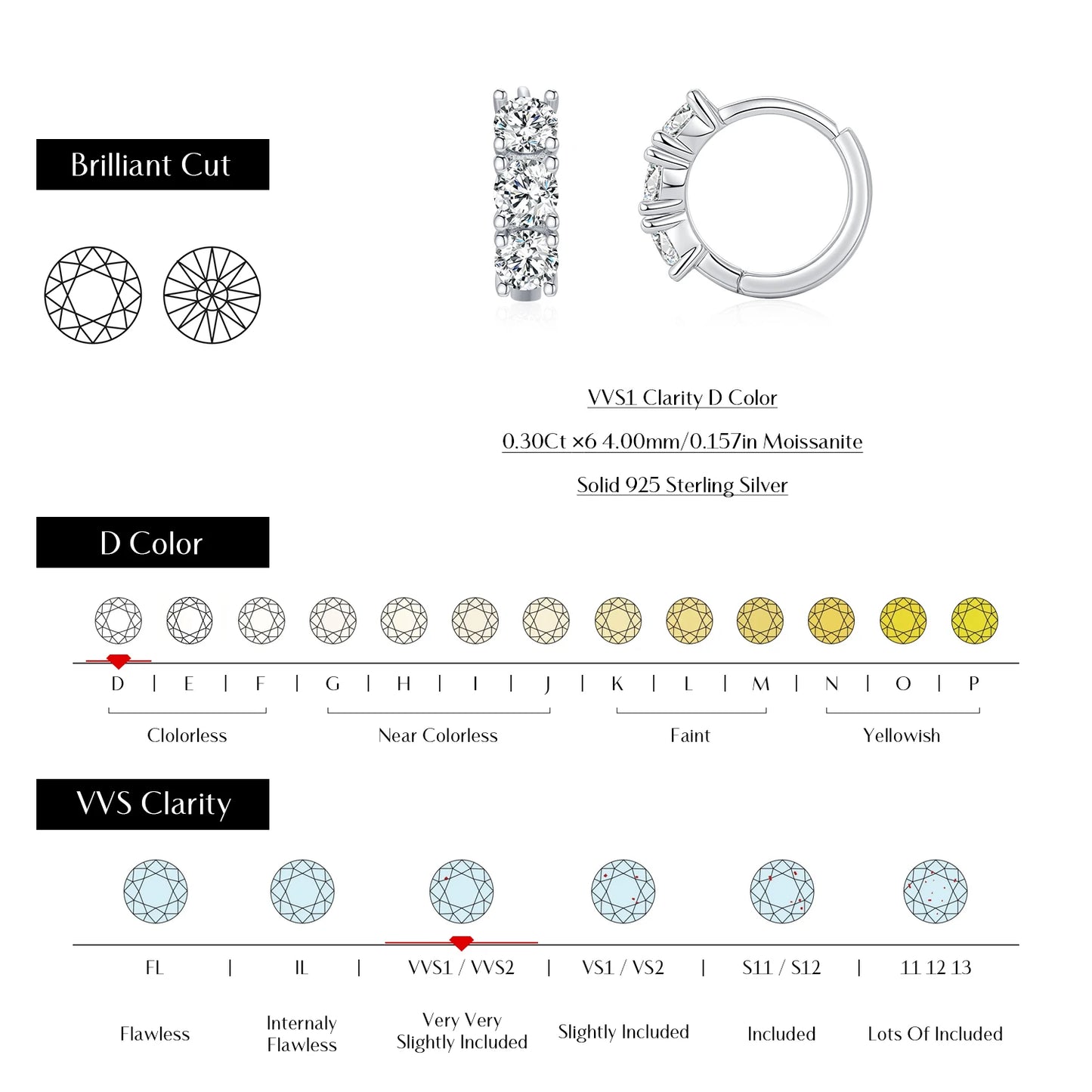 MODIAN D Color Moissanite Classic Ear Buckle 925 Sterling Silver