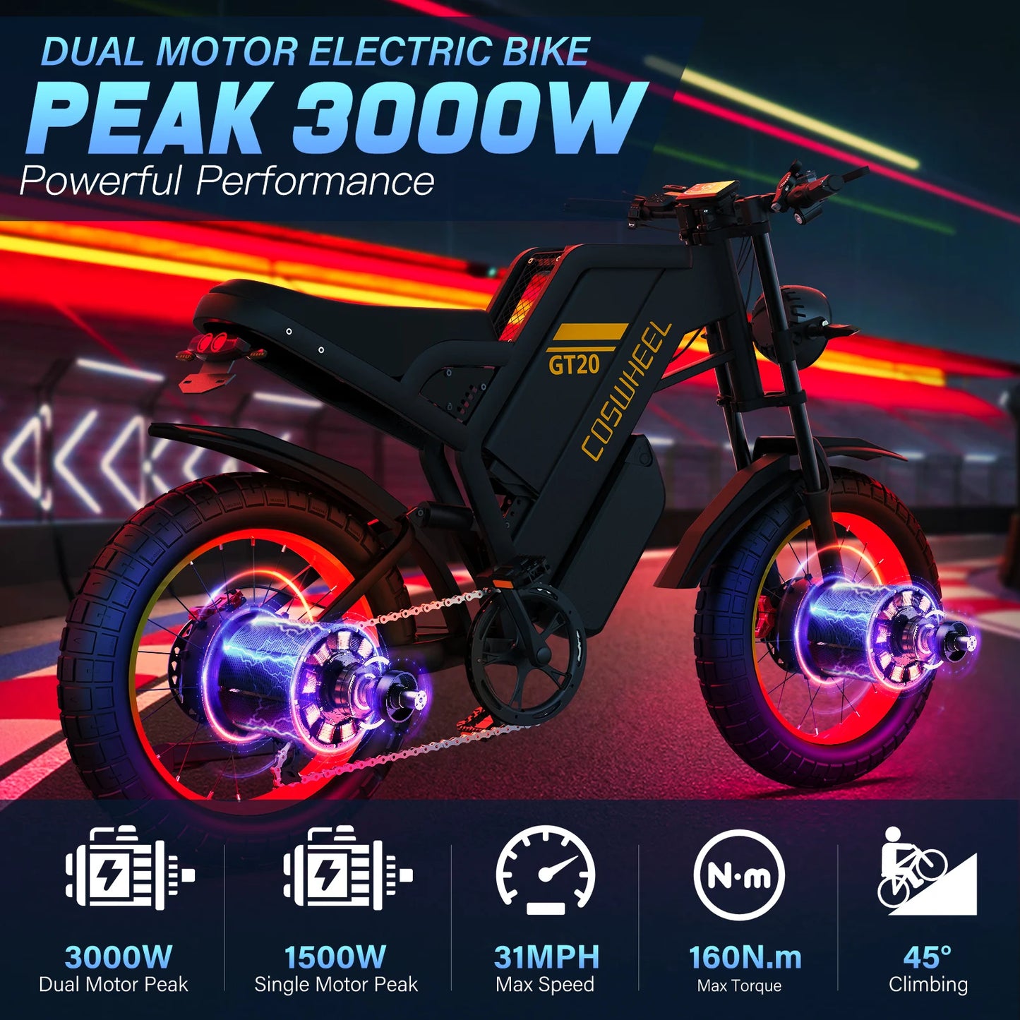 COSWHEEL GT20 Pro Dual motors E-Mountain bike 48V 25+15Ah Dual batteries Dual suspension 20" Fat Tire Off-Road Adult E-bike