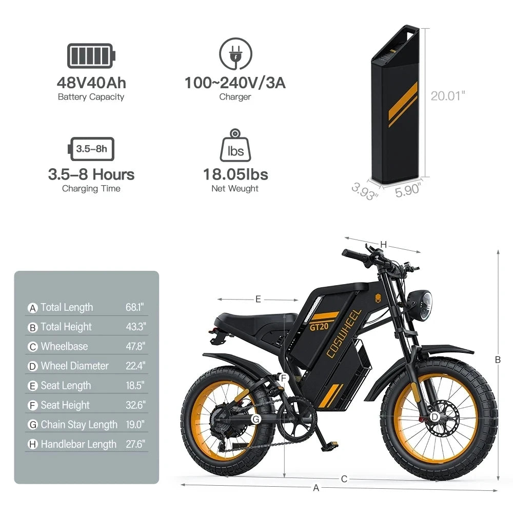 COSWHEEL GT20 Pro Dual motors E-Mountain bike 48V 25+15Ah Dual batteries Dual suspension 20" Fat Tire Off-Road Adult E-bike