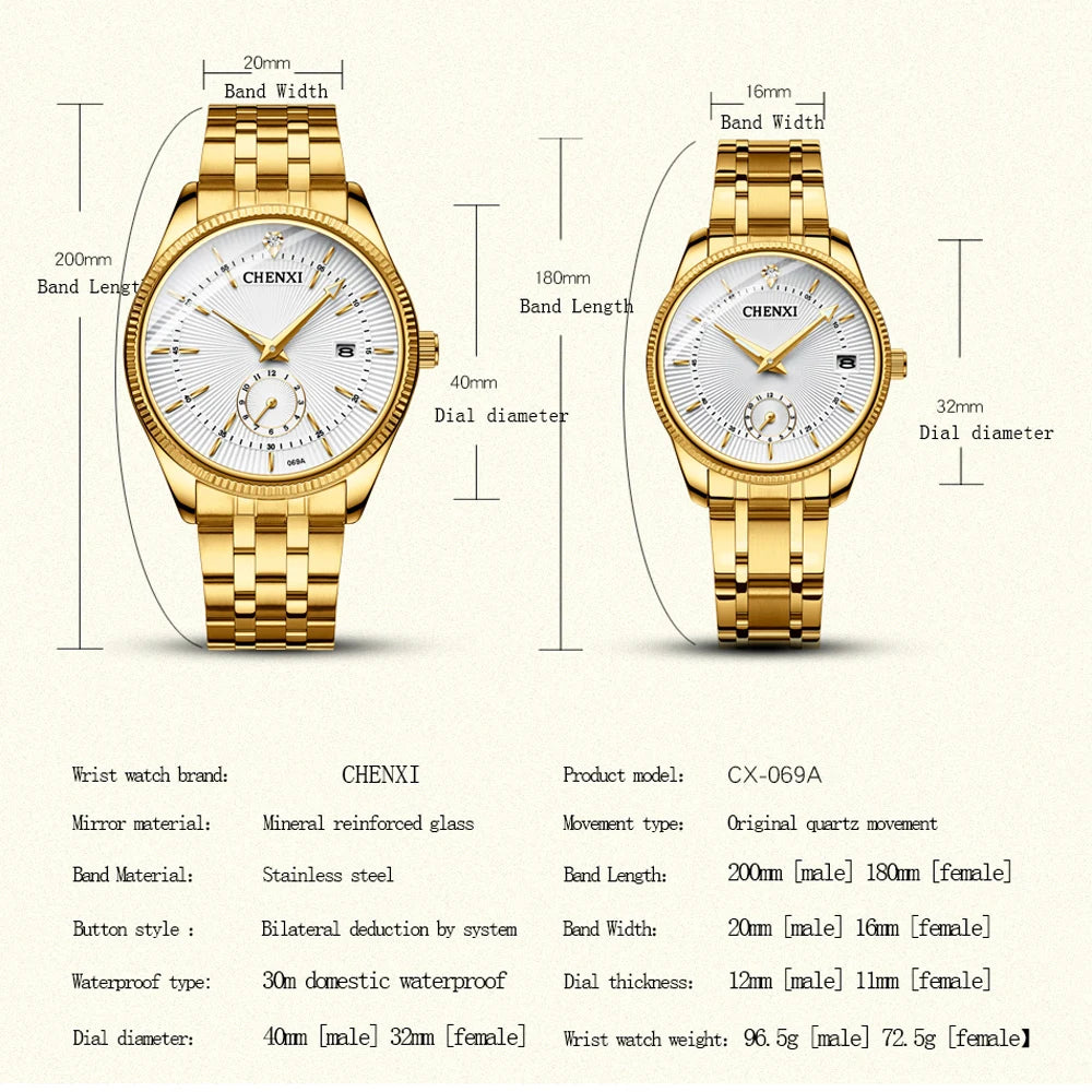 CHENXI Fashion Couple Golden Watches Casual Men and Women