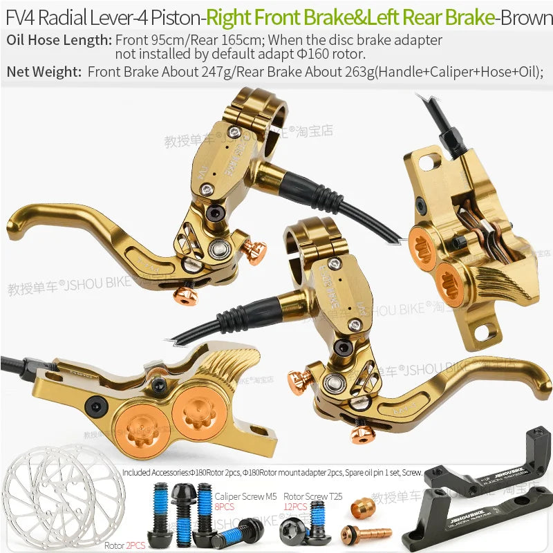 Frog Wake FV4 Mountain Bike Hydraulic Disc Brake Kit with 180mm Rotors Aluminum 4 Piston Oil Pressure Calipers Levers Radial MTB