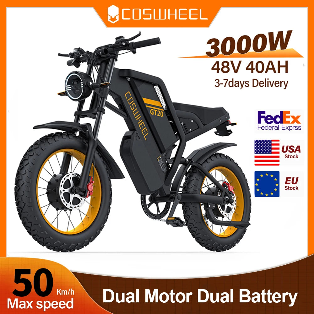 COSWHEEL GT20 Pro Dual motors E-Mountain bike 48V 25+15Ah Dual batteries Dual suspension 20" Fat Tire Off-Road Adult E-bike
