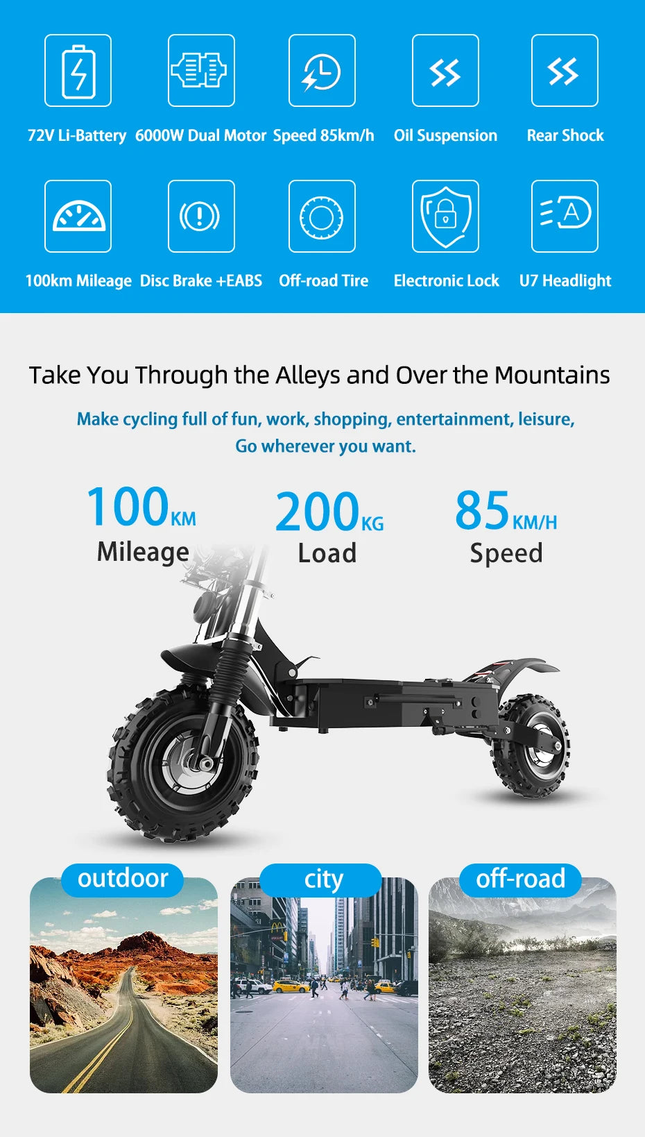 6000W Electric Scooter for Adults 85KM/H Max Speed Dual Motor