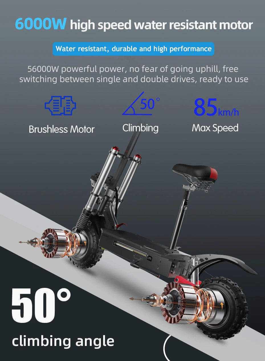 6000W Electric Scooter for Adults 85KM/H Max Speed Dual Motor